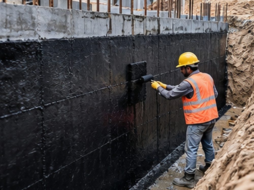 Worker applying waterproofing coat on a basement wall