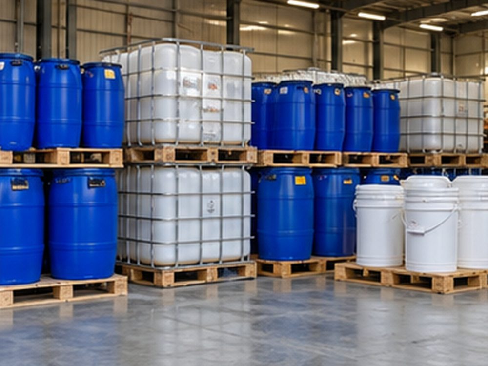 Drums and containers of chemicals stored in a warehouse