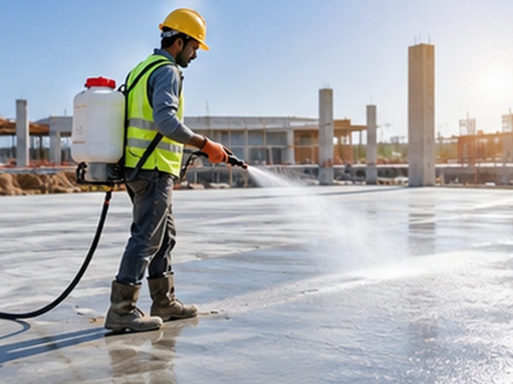 Worker spraying curing compound on fresh concrete