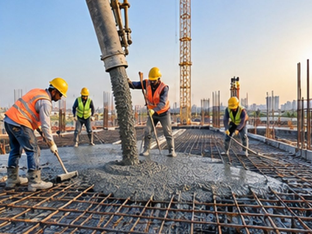 Workers pouring concrete on a building slab