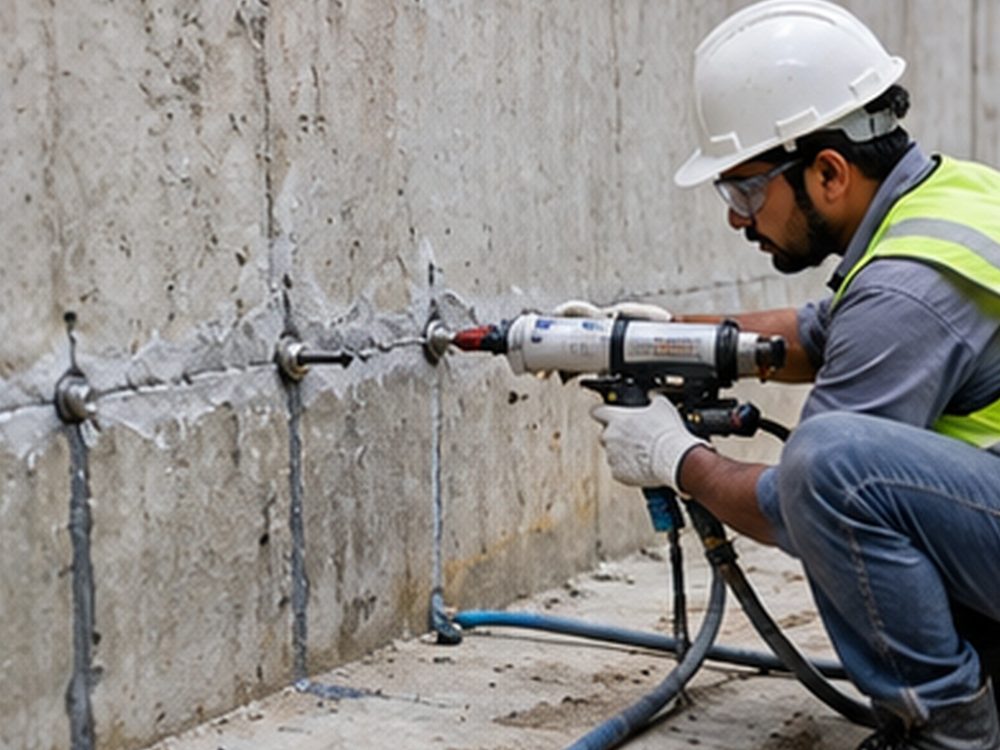 Worker doing injection grouting on a concrete wall