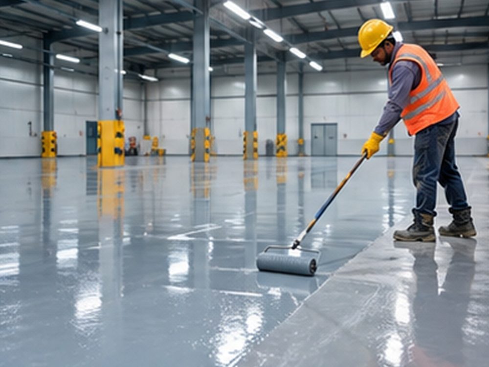 Worker rolling epoxy coating on an industrial floor
