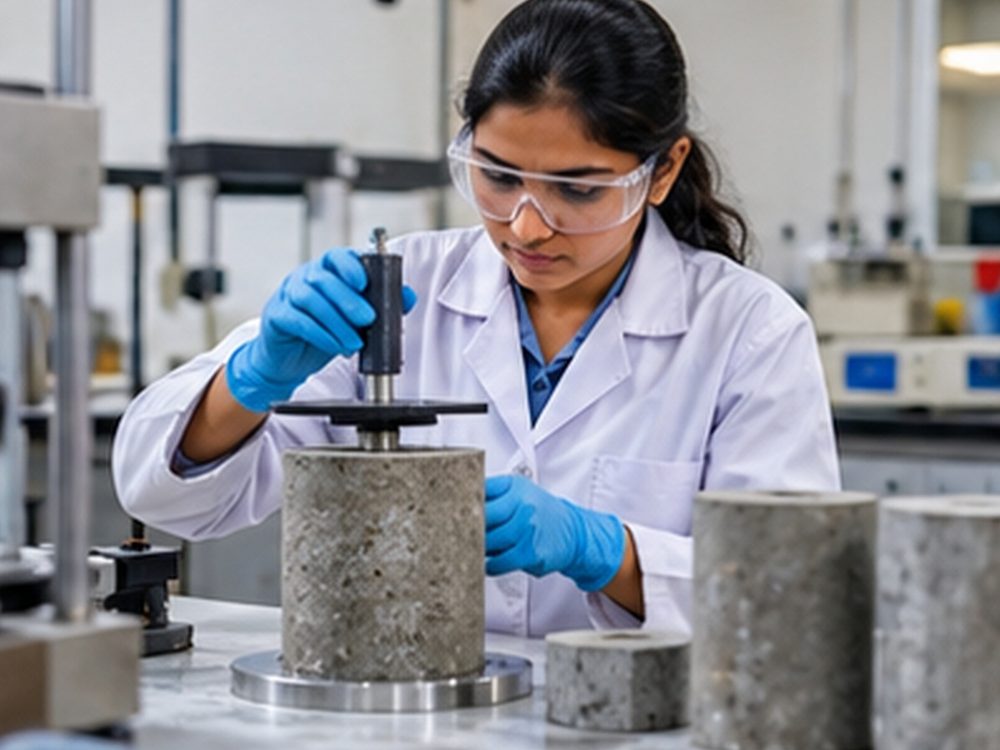 Technician testing a concrete cylinder in the lab