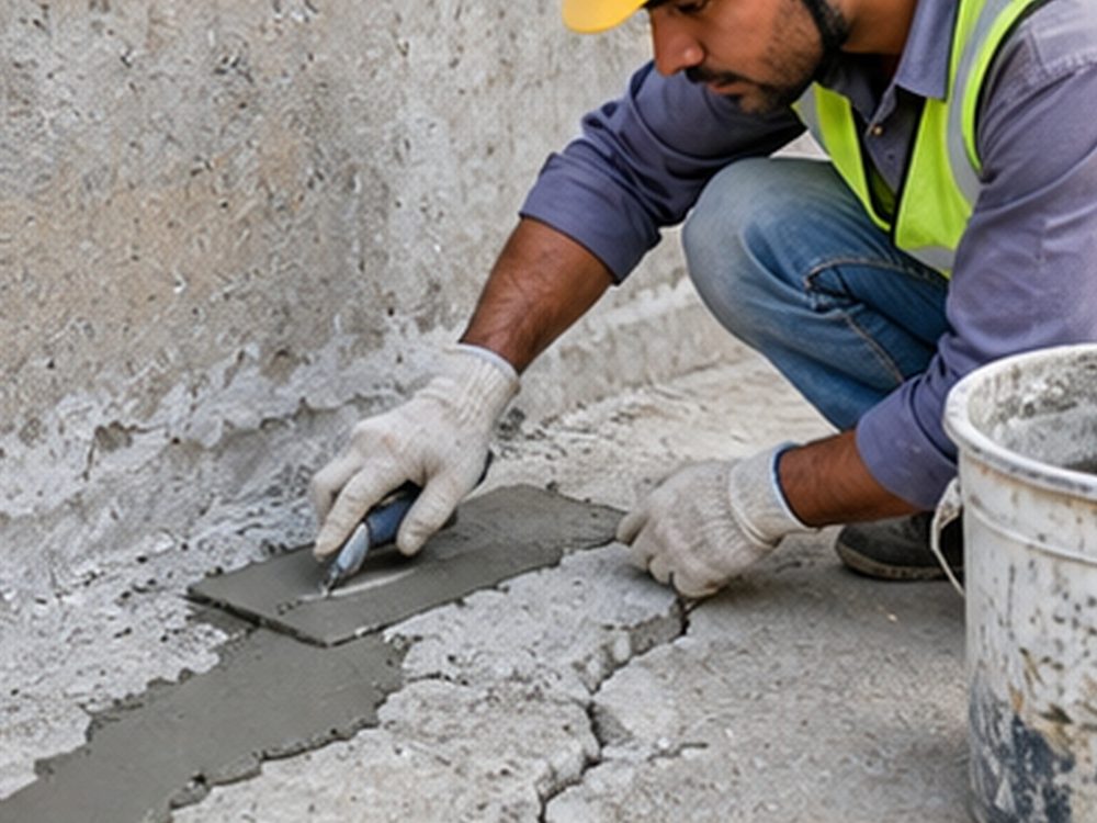 Worker repairing a damaged concrete surface