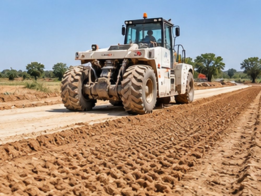 Compactor machine on a soil stabilisation site